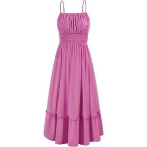 GRACE KARIN 2026 Summer Maxi Dresses for Women, Smocked Spaghetti Strap Long Dress, Flowy Boho Beach Sundresses with Pockets(Rose Red)