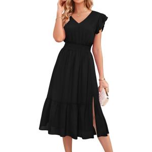 GRACE KARIN 2026 Womens Summer Dresses V Neck Ruffle Sleeve Floral Boho Beach Dress A-Line Swing Midi Wedding Guest Sundress(Black-solid)