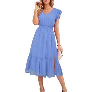 GRACE KARIN 2026 Womens Summer Dresses V Neck Ruffle Sleeve Floral Boho Beach Dress A-Line Swing Midi Wedding Guest Sundress(Gray Blue-plain)