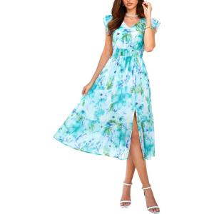 GRACE KARIN 2026 Womens Summer Dresses V Neck Ruffle Sleeve Floral Boho Beach Dress A-Line Swing Midi Wedding Guest Sundress(Green-floral Print)