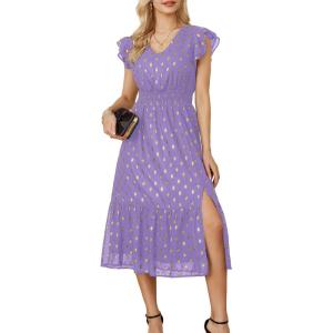 GRACE KARIN 2026 Womens Summer Dresses V Neck Ruffle Sleeve Floral Boho Beach Dress A-Line Swing Midi Wedding Guest Sundress(Lavender-gold Dots)