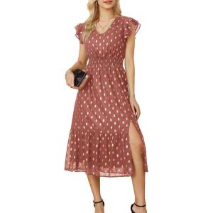 GRACE KARIN 2026 Womens Summer Dresses V Neck Ruffle Sleeve Floral Boho Beach Dress A-Line Swing Midi Wedding Guest Sundress(Light Brick Red-gold Dots)