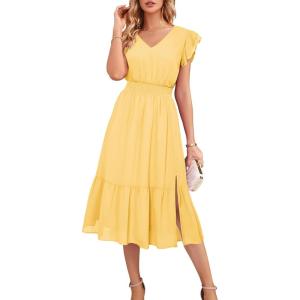 GRACE KARIN 2026 Womens Summer Dresses V Neck Ruffle Sleeve Floral Boho Beach Dress A-Line Swing Midi Wedding Guest Sundress(Light Yellow-plain)