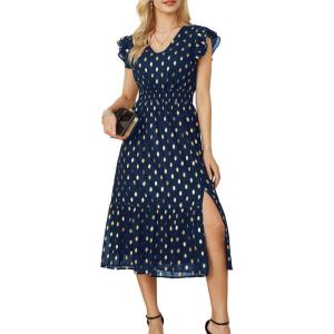 GRACE KARIN 2026 Womens Summer Dresses V Neck Ruffle Sleeve Floral Boho Beach Dress A-Line Swing Midi Wedding Guest Sundress(Navy Blue-gold Dots)