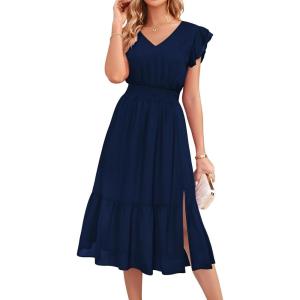 GRACE KARIN 2026 Womens Summer Dresses V Neck Ruffle Sleeve Floral Boho Beach Dress A-Line Swing Midi Wedding Guest Sundress(Navy Blue-solid)