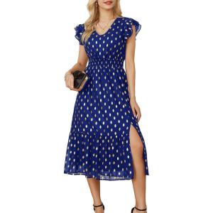 GRACE KARIN 2026 Womens Summer Dresses V Neck Ruffle Sleeve Floral Boho Beach Dress A-Line Swing Midi Wedding Guest Sundress(Royal Blue-gold Dots)