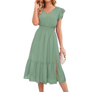 GRACE KARIN 2026 Womens Summer Dresses V Neck Ruffle Sleeve Floral Boho Beach Dress A-Line Swing Midi Wedding Guest Sundress(Sage Green-solid)