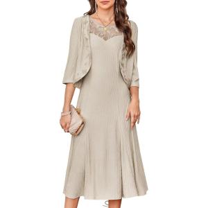 GRACE KARIN Mother of The Bride Dress – Wedding Guest Formal Evening Dress – Lace Sequins Midi Dress with Jacket(Apricot)