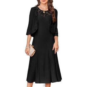 GRACE KARIN Mother of The Bride Dress – Wedding Guest Formal Evening Dress – Lace Sequins Midi Dress with Jacket(Black)