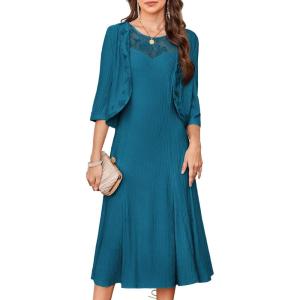 GRACE KARIN Mother of The Bride Dress – Wedding Guest Formal Evening Dress – Lace Sequins Midi Dress with Jacket(Blue-green)