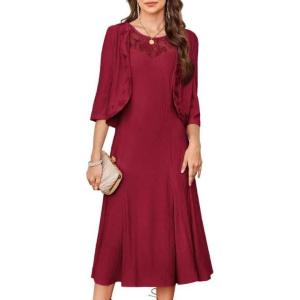 GRACE KARIN Mother of The Bride Dress – Wedding Guest Formal Evening Dress – Lace Sequins Midi Dress with Jacket(Bright Red)