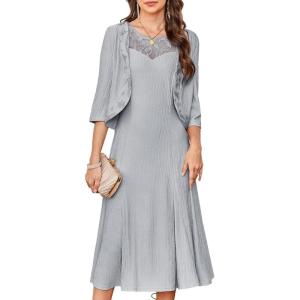 GRACE KARIN Mother of The Bride Dress – Wedding Guest Formal Evening Dress – Lace Sequins Midi Dress with Jacket(Light Gray)