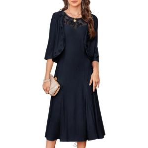 GRACE KARIN Mother of The Bride Dress – Wedding Guest Formal Evening Dress – Lace Sequins Midi Dress with Jacket(Navy Blue)