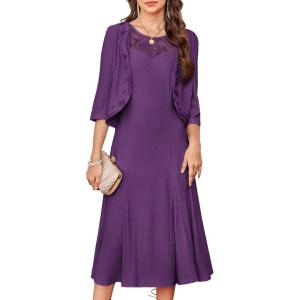 GRACE KARIN Mother of The Bride Dress – Wedding Guest Formal Evening Dress – Lace Sequins Midi Dress with Jacket(Purple)