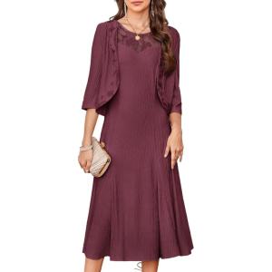 GRACE KARIN Mother of The Bride Dress – Wedding Guest Formal Evening Dress – Lace Sequins Midi Dress with Jacket(Rose Purple)