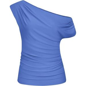 GRACE KARIN One Shoulder Summer Tops for Women Ruched Batwing Asymmetrical Tops Dressy Casual Party Shirts(Gray Blue)