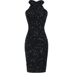 GRACE KARIN Sequin Dress for Women Sleeveless Sparkly Glitter Halter Dress Bodycon Mini Club Dresses 2025(Black)
