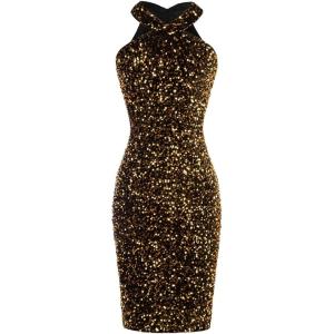 GRACE KARIN Sequin Dress for Women Sleeveless Sparkly Glitter Halter Dress Bodycon Mini Club Dresses 2025(Black Gold)