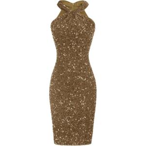 GRACE KARIN Sequin Dress for Women Sleeveless Sparkly Glitter Halter Dress Bodycon Mini Club Dresses 2025(Brown)