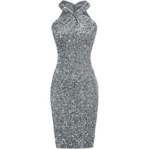 GRACE KARIN Sequin Dress for Women Sleeveless Sparkly Glitter Halter Dress Bodycon Mini Club Dresses 2025(Dark Gray)