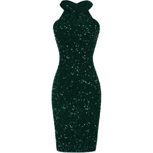 GRACE KARIN Sequin Dress for Women Sleeveless Sparkly Glitter Halter Dress Bodycon Mini Club Dresses 2025(Dark Green)