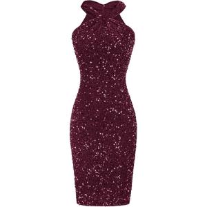 GRACE KARIN Sequin Dress for Women Sleeveless Sparkly Glitter Halter Dress Bodycon Mini Club Dresses 2025(Dark Red)