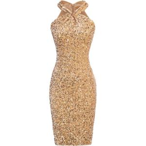 GRACE KARIN Sequin Dress for Women Sleeveless Sparkly Glitter Halter Dress Bodycon Mini Club Dresses 2025(Gold)