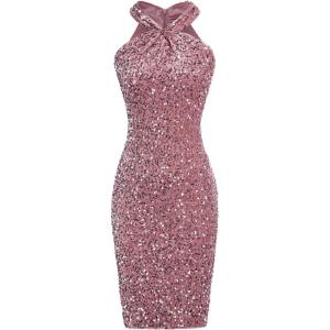 GRACE KARIN Sequin Dress for Women Sleeveless Sparkly Glitter Halter Dress Bodycon Mini Club Dresses 2025(Gray Pink)