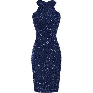 GRACE KARIN Sequin Dress for Women Sleeveless Sparkly Glitter Halter Dress Bodycon Mini Club Dresses 2025(Navy Blue)