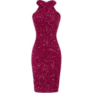 GRACE KARIN Sequin Dress for Women Sleeveless Sparkly Glitter Halter Dress Bodycon Mini Club Dresses 2025(Rose Red)