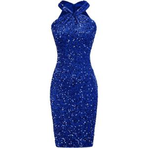 GRACE KARIN Sequin Dress for Women Sleeveless Sparkly Glitter Halter Dress Bodycon Mini Club Dresses 2025(Royal Blue)