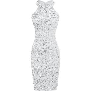 GRACE KARIN Sequin Dress for Women Sleeveless Sparkly Glitter Halter Dress Bodycon Mini Club Dresses 2025(Silver)