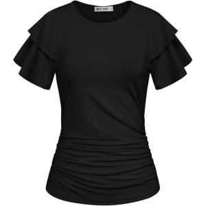 GRACE KARIN Summer Tops for Women Dressy Casual, Ruffle Short Sleeve Work Shirt, 2026 Spring Trendy Ruched Business Blouses(Black)
