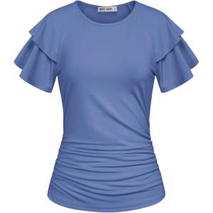 GRACE KARIN Summer Tops for Women Dressy Casual, Ruffle Short Sleeve Work Shirt, 2026 Spring Trendy Ruched Business Blouses(Blue)