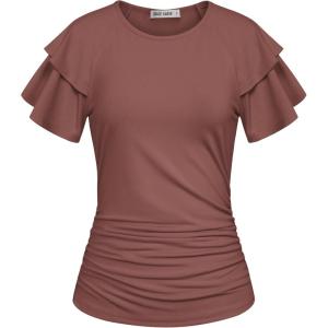 GRACE KARIN Summer Tops for Women Dressy Casual, Ruffle Short Sleeve Work Shirt, 2026 Spring Trendy Ruched Business Blouses(Chocolate Brown)