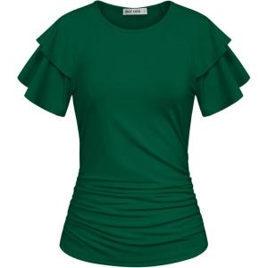 GRACE KARIN Summer Tops for Women Dressy Casual, Ruffle Short Sleeve Work Shirt, 2026 Spring Trendy Ruched Business Blouses(Dark Green)