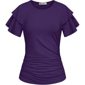 GRACE KARIN Summer Tops for Women Dressy Casual, Ruffle Short Sleeve Work Shirt, 2026 Spring Trendy Ruched Business Blouses(Dark Purple)