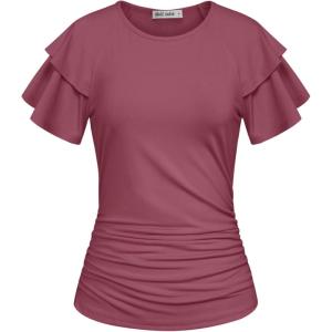 GRACE KARIN Summer Tops for Women Dressy Casual, Ruffle Short Sleeve Work Shirt, 2026 Spring Trendy Ruched Business Blouses(Fuchsia)