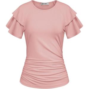 GRACE KARIN Summer Tops for Women Dressy Casual, Ruffle Short Sleeve Work Shirt, 2026 Spring Trendy Ruched Business Blouses(Light Pink)