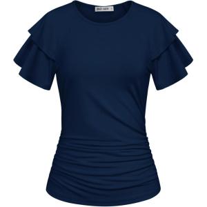 GRACE KARIN Summer Tops for Women Dressy Casual, Ruffle Short Sleeve Work Shirt, 2026 Spring Trendy Ruched Business Blouses(Navy Blue)