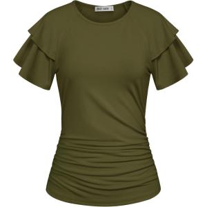 GRACE KARIN Summer Tops for Women Dressy Casual, Ruffle Short Sleeve Work Shirt, 2026 Spring Trendy Ruched Business Blouses(Olive Green)