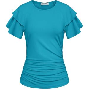 GRACE KARIN Summer Tops for Women Dressy Casual, Ruffle Short Sleeve Work Shirt, 2026 Spring Trendy Ruched Business Blouses(Peacock Blue)