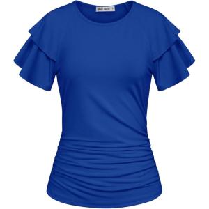 GRACE KARIN Summer Tops for Women Dressy Casual, Ruffle Short Sleeve Work Shirt, 2026 Spring Trendy Ruched Business Blouses(Royal Blue)