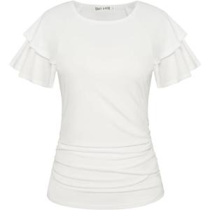 GRACE KARIN Summer Tops for Women Dressy Casual, Ruffle Short Sleeve Work Shirt, 2026 Spring Trendy Ruched Business Blouses(White)