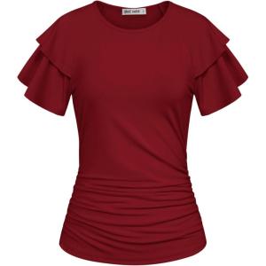 GRACE KARIN Summer Tops for Women Dressy Casual, Ruffle Short Sleeve Work Shirt, 2026 Spring Trendy Ruched Business Blouses(Wine Red)