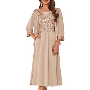GRACE KARIN Wedding Guest Dress Mother of The Bride Dresses Two Piece Formal Sequin Dress with Jacket Tea Length 2025(Champagne)