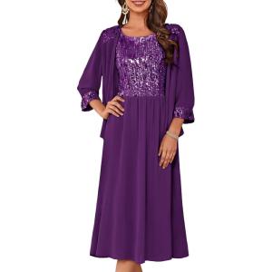 GRACE KARIN Wedding Guest Dress Mother of The Bride Dresses Two Piece Formal Sequin Dress with Jacket Tea Length 2025(Dark Purple)