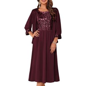 GRACE KARIN Wedding Guest Dress Mother of The Bride Dresses Two Piece Formal Sequin Dress with Jacket Tea Length 2025(Dark Red)