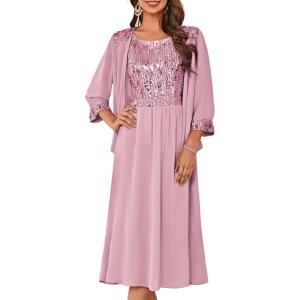 GRACE KARIN Wedding Guest Dress Mother of The Bride Dresses Two Piece Formal Sequin Dress with Jacket Tea Length 2025(Gray Pink)