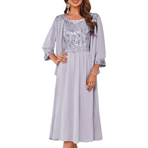 GRACE KARIN Wedding Guest Dress Mother of The Bride Dresses Two Piece Formal Sequin Dress with Jacket Tea Length 2025(Light Gray Purple)